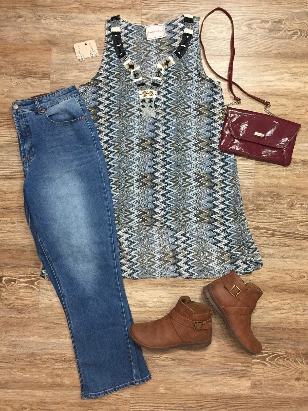 Beautiful Stories Medium Beaded V-Neck High Low Hem Tunic Top Western Boho Chic